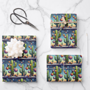 Whimsical Christmas Southwest Saguaro Cactus Wrapping Paper Sheets
