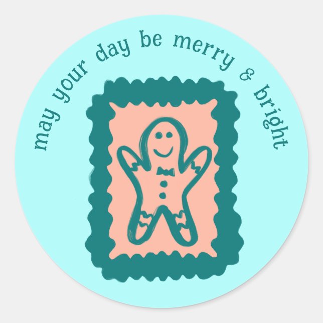 Whimsical Christmas Stamp Cute Custom Merry Bright Classic Round Sticker (Front)