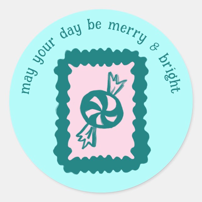 Whimsical Christmas Stamp Cute Custom Merry Bright Classic Round Sticker (Front)