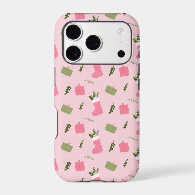 Whimsical Christmas Stockings Gifts Pattern Pink iPhone Case (Back)