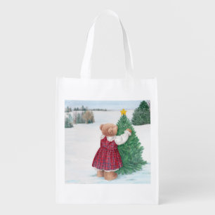Whimsical Christmas Teddy Bear Winter Wonderland Grocery Bag