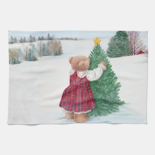 Whimsical Christmas Teddy Bear Winter Wonderland Kitchen Towel (Horizontal)