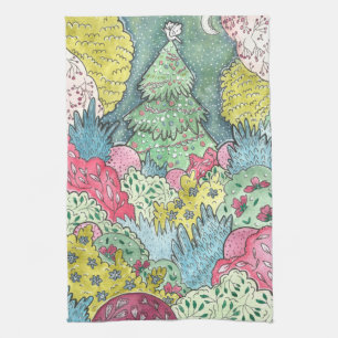 Whimsical Christmas Tree and Dove Painting Kitchen Towel