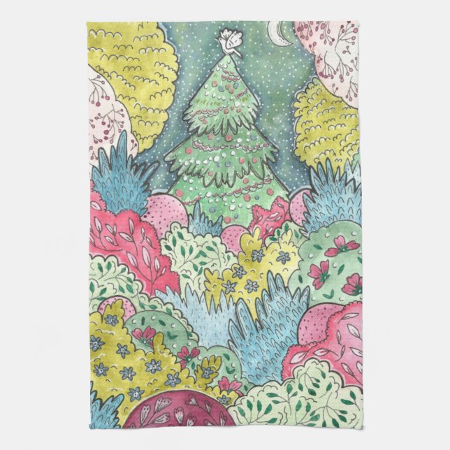 Whimsical Christmas Tree and Dove Painting Kitchen Towel (Vertical)