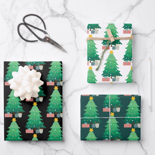 Whimsical Christmas Tree and Gifts Christmas Wrapping Paper Sheets (Front)
