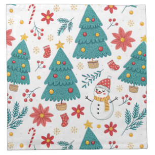 Whimsical Christmas Tree and Snowman Holiday Cloth Napkin