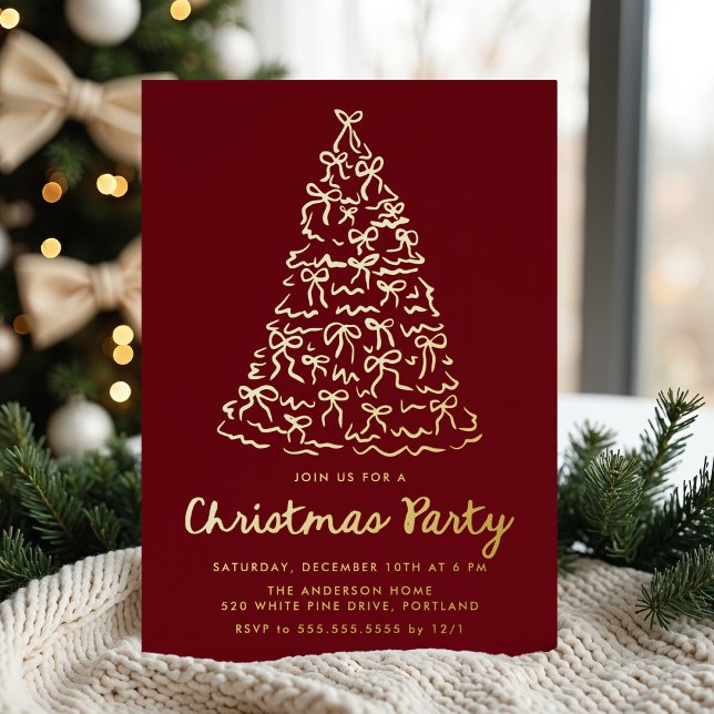 Whimsical Christmas Tree Bows Cranberry Holiday Foil Invitation (Creator Uploaded)