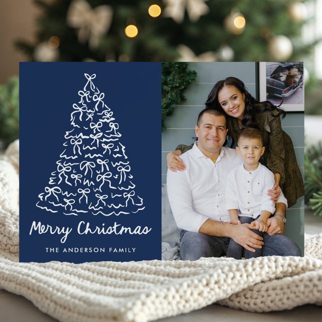 Whimsical Christmas Tree Bows Navy Photo Holiday Card (Creator Uploaded)