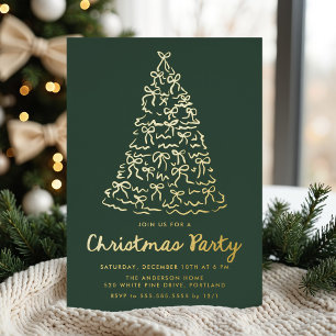 Whimsical Christmas Tree Bows Pine Green Holiday Foil Invitation