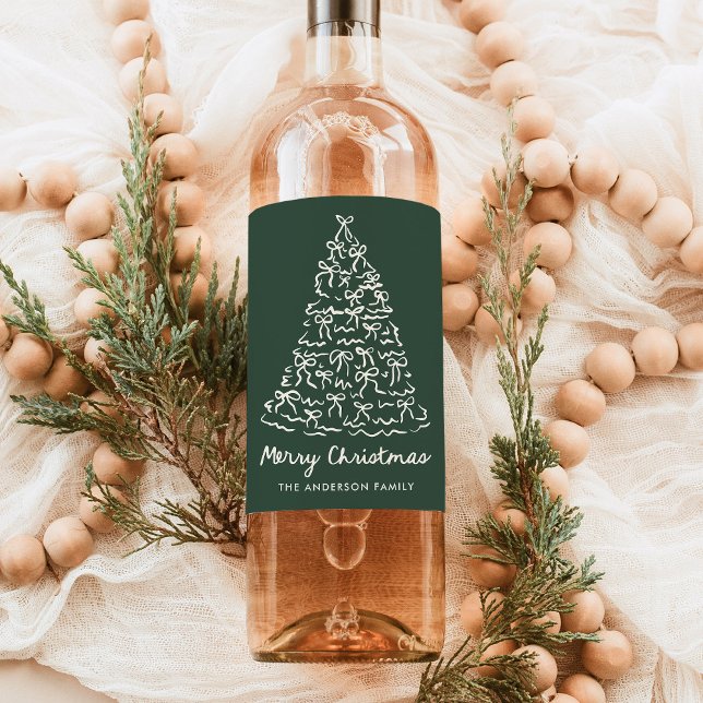Whimsical Christmas Tree Bows Pine Green Holiday Wine Label (Creator Uploaded)