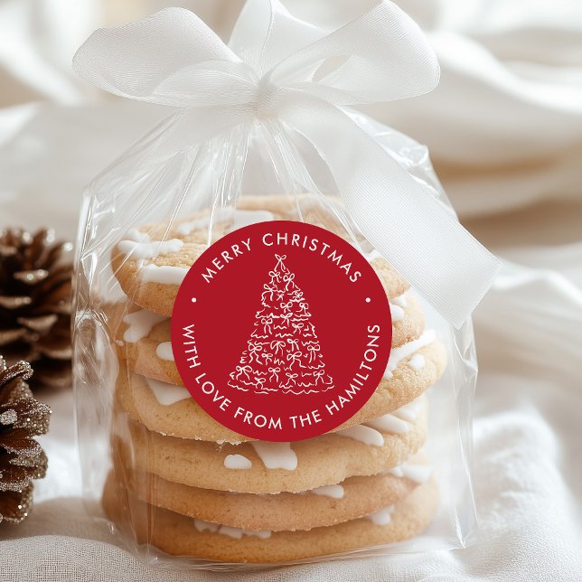 Whimsical Christmas Tree Bows Red Christmas Classic Round Sticker (Creator Uploaded)