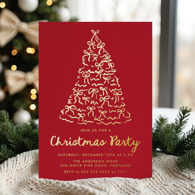 Whimsical Christmas Tree Bows Red Holiday Party Foil Invitation (Creator Uploaded)