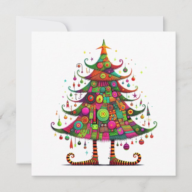 Whimsical Christmas Tree, Bright Colors, Holiday Card (Front)
