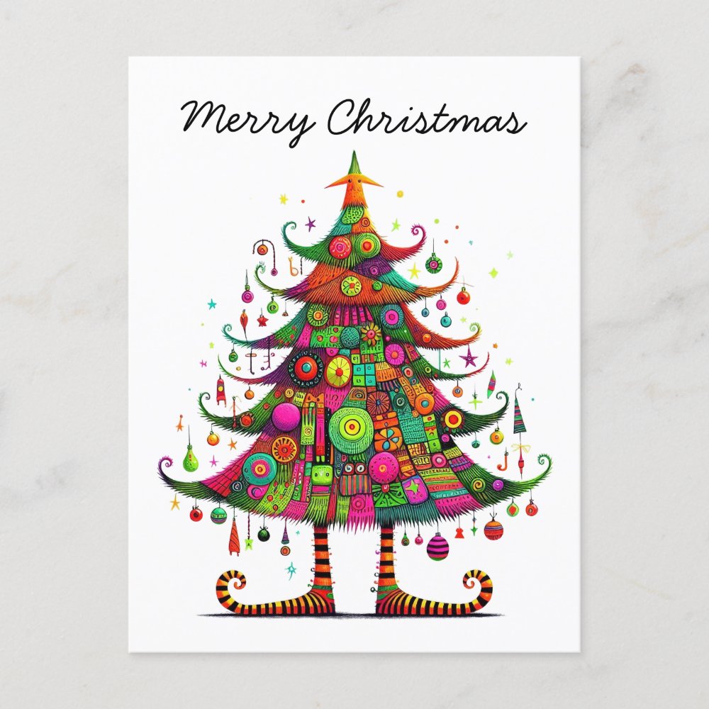 Whimsical Christmas Tree, Bright Colors, Holiday Postcard