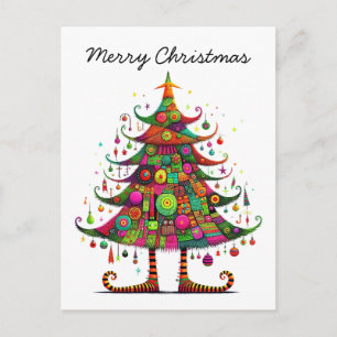 Whimsical Christmas Tree, Bright Colors, Holiday Postcard