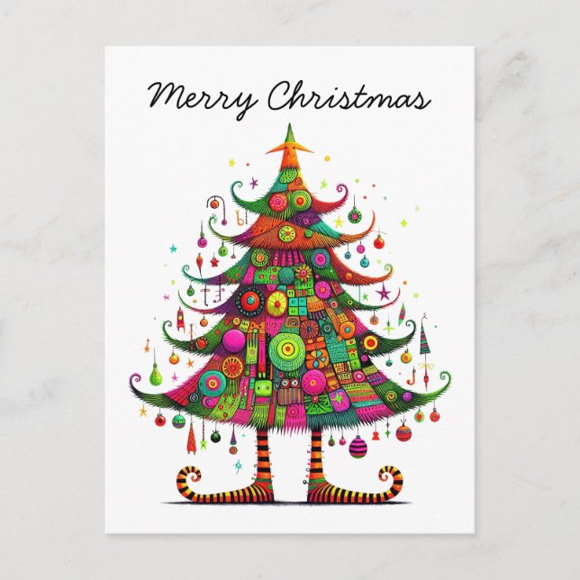 Whimsical Christmas Tree, Bright Colors, Holiday Postcard (Front)