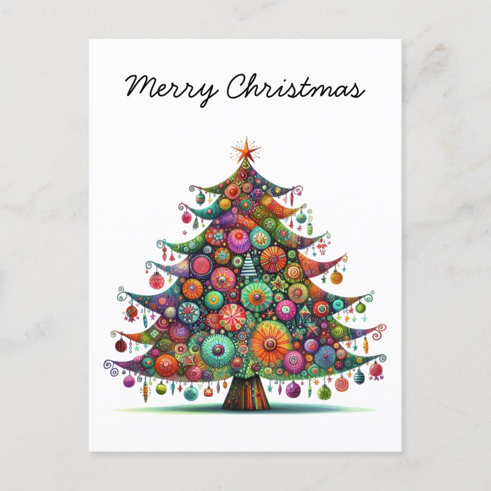 Whimsical Christmas Tree, Bright Colors, Holiday Postcard