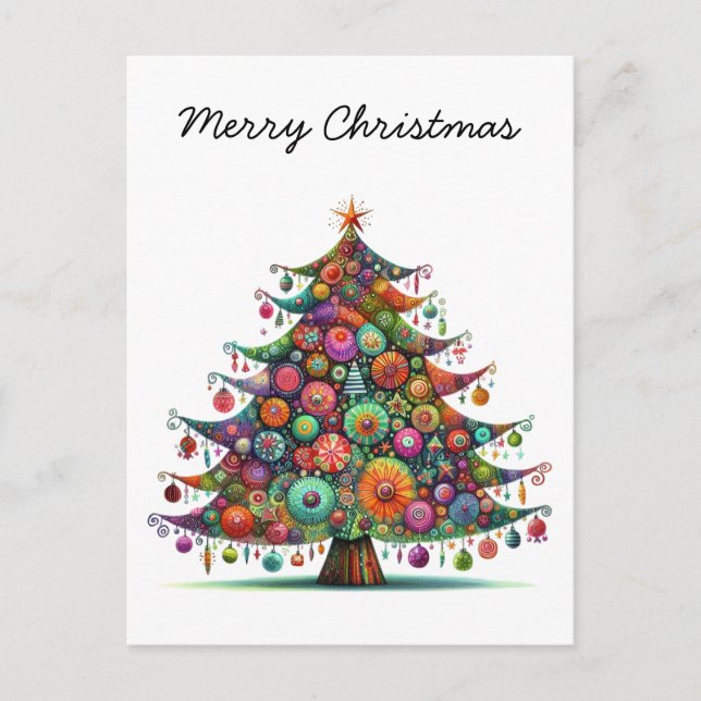 Whimsical Christmas Tree, Bright Colors, Holiday Postcard (Front)