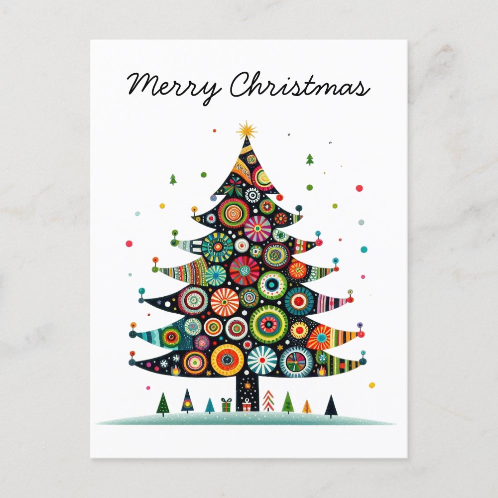 Whimsical Christmas Tree, Bright Colors, Holiday Postcard