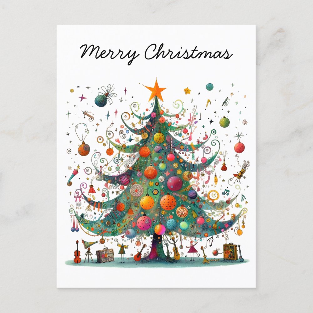 Whimsical Christmas Tree, Bright Colors, Holiday Postcard