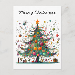 Whimsical Christmas Tree, Bright Colors, Holiday Postcard