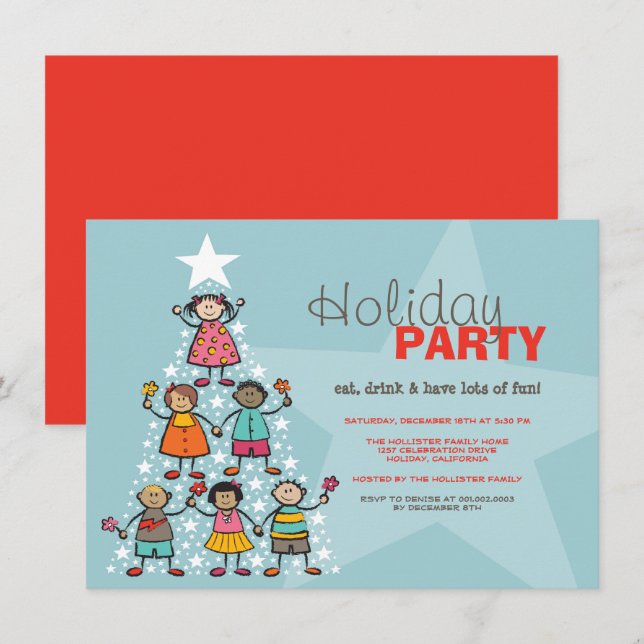 Whimsical Christmas Tree Cute Kids Holiday Party Invitation (Front/Back)