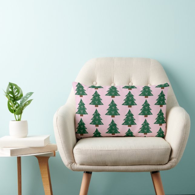 Whimsical Christmas Tree In Pink Ribbons Lumbar Pillow (Chair)