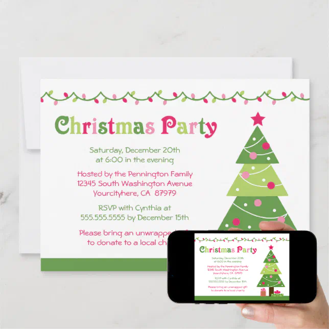 Whimsical christmas tree lights party invitation | Zazzle