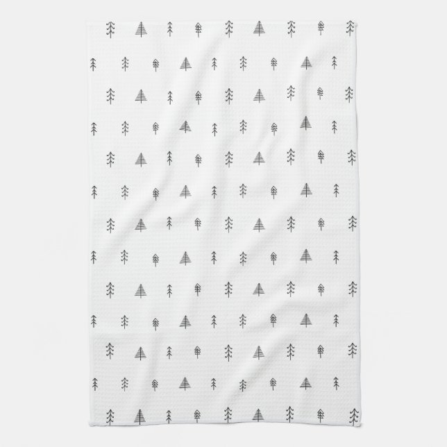 Whimsical Christmas Tree Pattern - Black & White Kitchen Towel (Vertical)