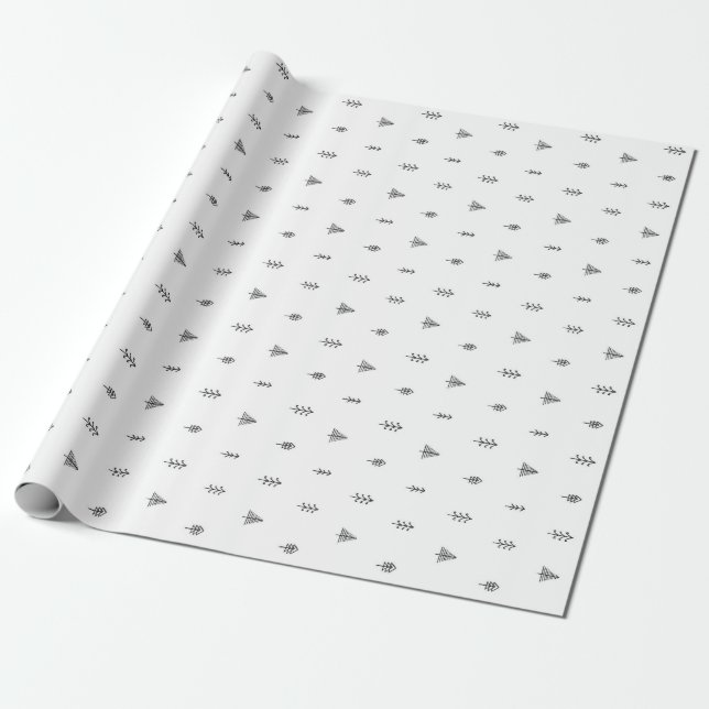 Whimsical Christmas Tree Pattern - Black & White Wrapping Paper (Unrolled)