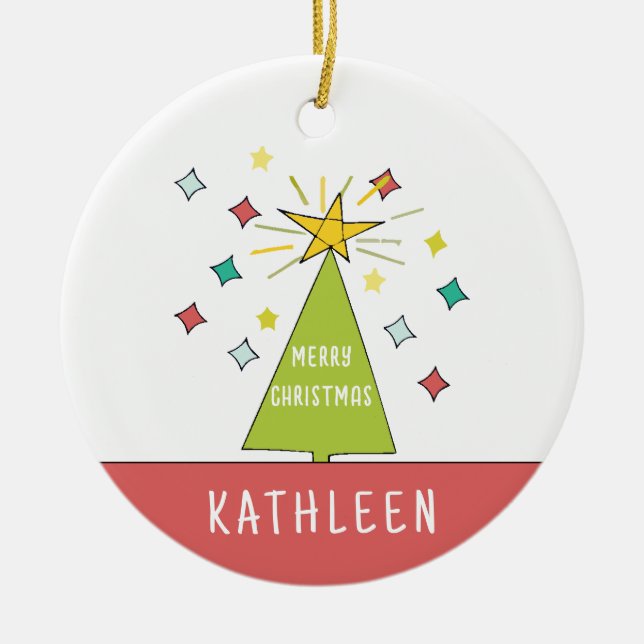 Whimsical Christmas tree Personalized Name Holiday Ceramic Ornament (Front)