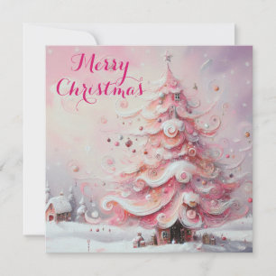Whimsical Christmas Tree Pink Personalized Holiday Card