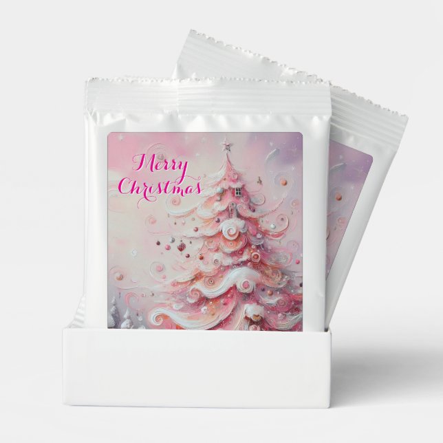 Whimsical Christmas Tree Pink White Swirls Snow Hot Chocolate Drink Mix (Pair)