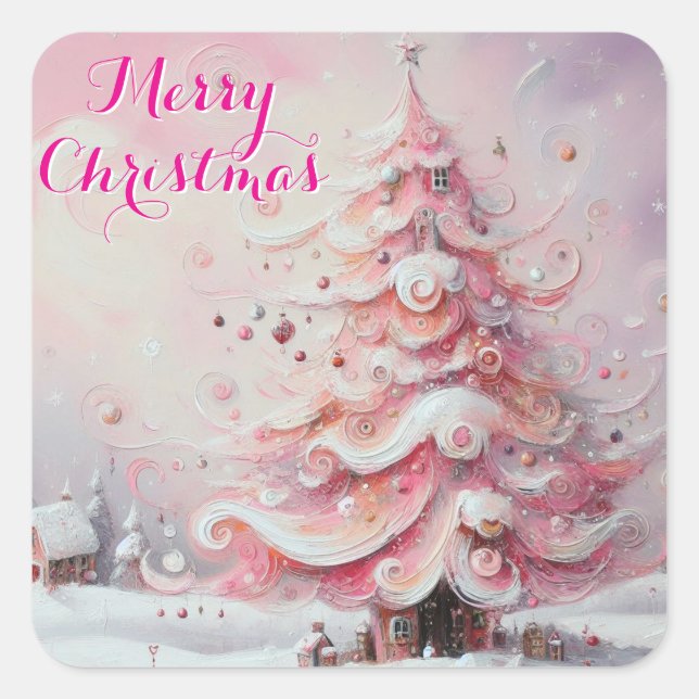 Whimsical Christmas Tree Pink White Swirls Snow Square Sticker (Front)