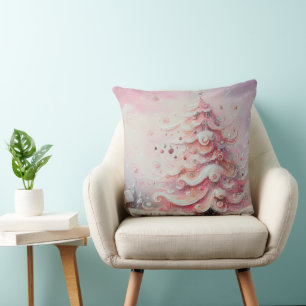 Whimsical Christmas Tree Pink White Swirls Throw Pillow