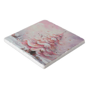 Whimsical Christmas Tree Pink White Swirls Trivet