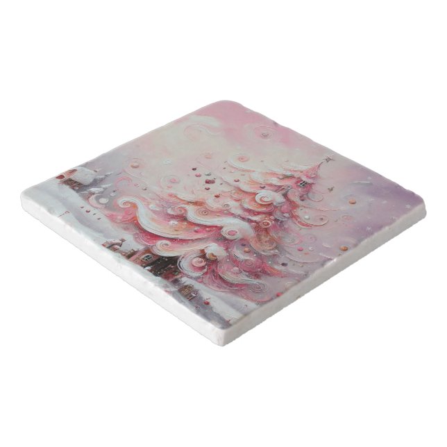 Whimsical Christmas Tree Pink White Swirls Trivet (Corner)