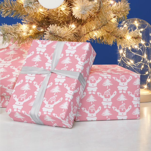 Whimsical Christmas Tree Santa Claus Pink White Wrapping Paper (Holidays)