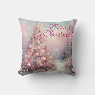 Whimsical Christmas Tree Seasonal Pink White Throw Pillow
