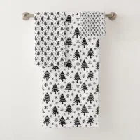 Whimsical Christmas Tree Snowflake White Black Bath Towel Set | Zazzle