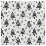 Whimsical Christmas Tree Snowflake Black White Fabric