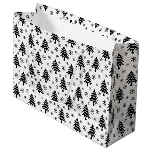 Whimsical Christmas Tree Snowflake Black White Large Gift Bag