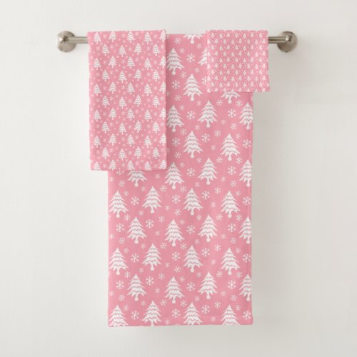 Whimsical Christmas Tree Snowflake Pink White Bath Towel Set