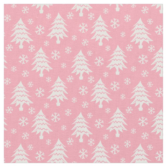 Whimsical Christmas Tree Snowflake Pink White Fabric (Close Up)