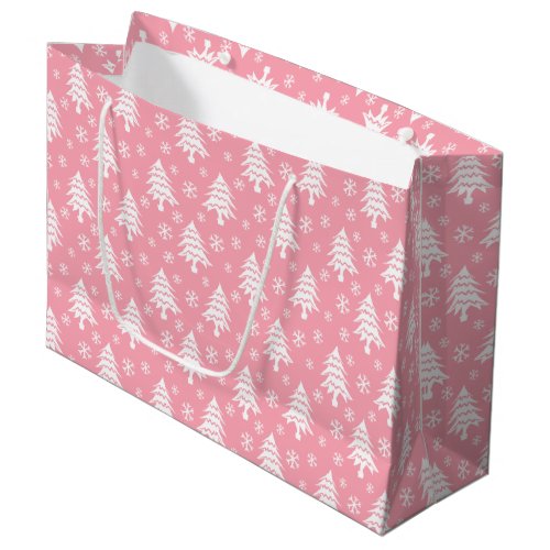 Whimsical Christmas Tree Snowflake Pink White Large Gift Bag