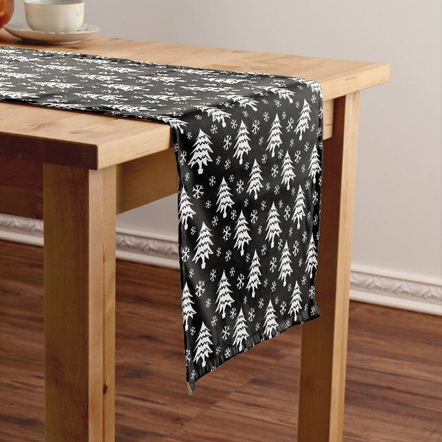 Whimsical Christmas Tree Snowflake White Black Short Table Runner (In Situ)