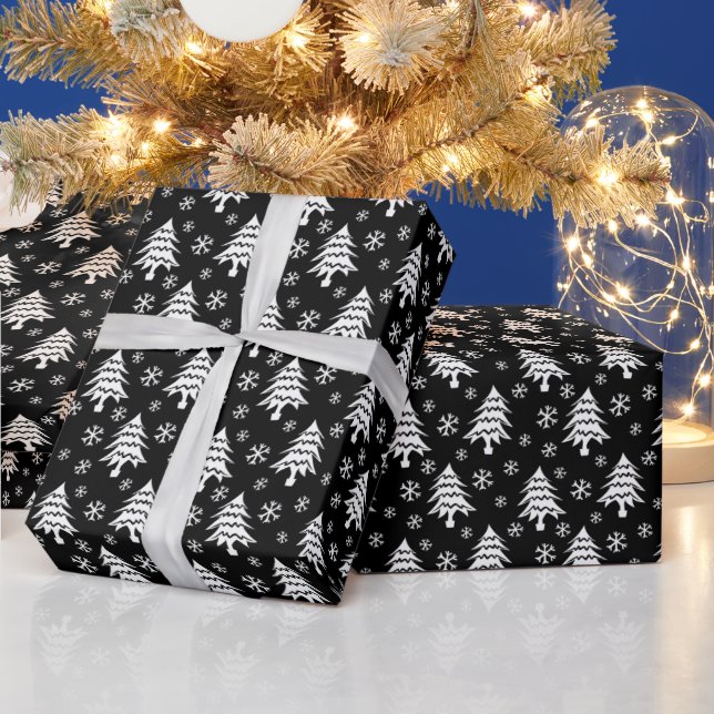 Whimsical Christmas Tree Snowflake White Black Wrapping Paper (Holidays)