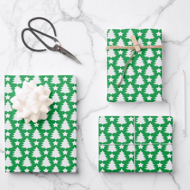 Whimsical Christmas Tree Star Green White  Wrapping Paper Sheets (Front)