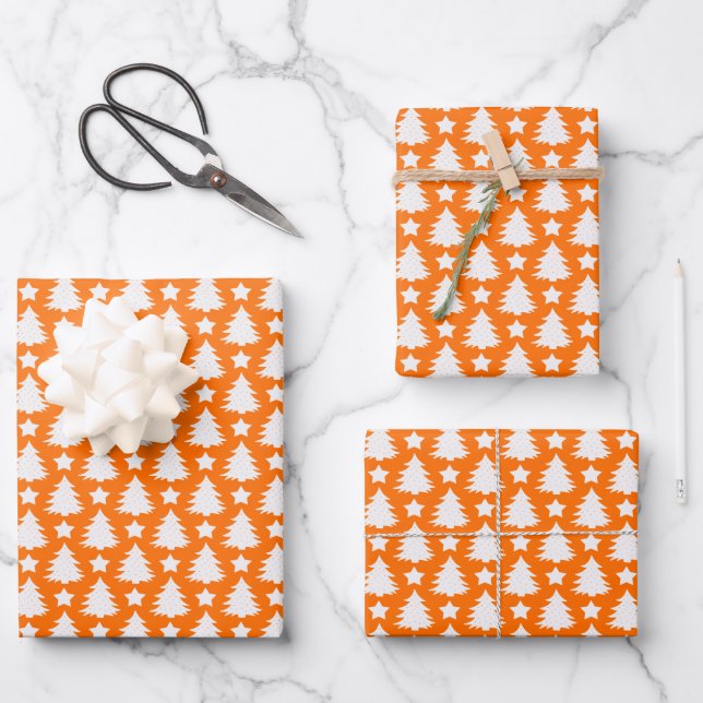 Whimsical Christmas Tree Star Orange White  Wrapping Paper Sheets (Front)