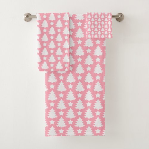 Whimsical Christmas Tree Star Pink White Bath Towel Set